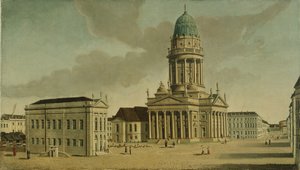 Utsikt over Gendarmenmarkt med det franske lekehuset og katedralen, Berlin, 1788 av Karl Friedrich Fechhelm